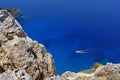 Motor boating on blue water - Zakynthos Island, landmark attraction in Greece. Ionian Sea. Seascape