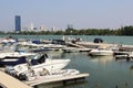 Motor boats in marina River Danube Vienna Austria Royalty Free Stock Photo