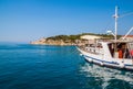 Motor boats parked at pier in Makarska city. Royalty Free Stock Photo