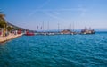 Motor boats parked at pier in Makarska city. Royalty Free Stock Photo