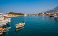 Motor boats parked at pier in Makarska city. Royalty Free Stock Photo