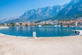 Motor boats parked at pier in Makarska city. Royalty Free Stock Photo