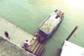 Motor boats water taxi parked docked along river