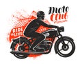 Motor club, banner or poster. Biker rides a retro motorcycle. Vector illustration