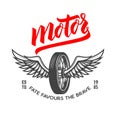 Motor. Emblem template with winged motorcycle wheel. Design element for logo, label, sign, emblem, poster.