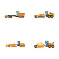 Motor grader icons set cartoon vector. Heavy equipment vehicle