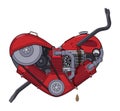 Motor heart pierced with a crowbar like an arrow in the style of steampunk. Vector