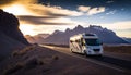 motor home, rides along the highway against the backdrop of mountains, at sunset with beautiful clouds