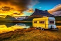 Motor-home standing on bank of lake with reflection of illuminated sky on water surface