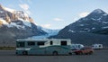 Motor homes parked beside a famous icefield in canada