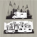 Motor homes, vans, caravans, mobile homes, trailer with forest a