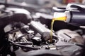 Motor oil pouring to car engine. Repair service. Royalty Free Stock Photo