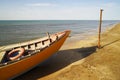 Motor rescue boat on the beach in sunny weather Royalty Free Stock Photo