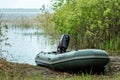 Motor rubber boat on the lake. The concept of fishing, recreation, leisure