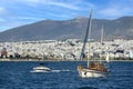 Motor and sail boats going to marina Zeas, Piraeus city, Greece Royalty Free Stock Photo