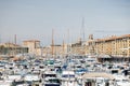 Motor and sailboats are tightly parked in the marina Royalty Free Stock Photo