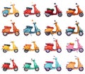 Motor scooters side view set in cartoon style. Retro scooter objects, vintage italian city delivery motors bikes objects Royalty Free Stock Photo