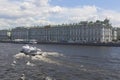 Motor ship Meteor 143 on the Neva River opposite the Winter Palace in St. Petersburg