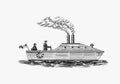 Motor ship with sailors. Seagoing vessel with steam smoke from the pipe, nautical marine sailboat. Water transport and