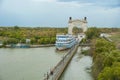 Motor ship. Volgograd. A large cruise ship with tourists on board passes lock in the 1st lock of the Volga-Don Navigation Channel Royalty Free Stock Photo