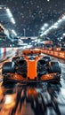 Motor sports competitive team racing. Fast moving F1 race car racing under the lights and rain out of pit row with motion blur Royalty Free Stock Photo