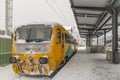 Motor trains near snowy platform and tunnel in Olbramovice CZ 12 02 2023