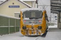 Motor trains near snowy platform and tunnel in Olbramovice CZ 12 02 2023