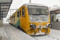 Motor trains near snowy platform and tunnel in Olbramovice CZ 12 02 2023