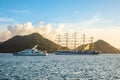 Motor yacht and big naval clipper anchored at the Rodney bay with , Rodney bay, Saint Lucia, Caribbean sea Royalty Free Stock Photo