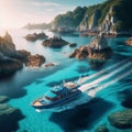 Motor yacht manoeuvres around crystal clear waters