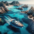 Motor yacht manoeuvres around crystal clear waters