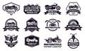 Motorbike badges. Retro motorcycle bike club emblems, racing and motorbike custom stamp, motorcycle rider emblems vector Royalty Free Stock Photo