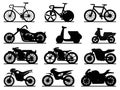 Motorbike black silhouettes. Motorcycles and scooters, bikes and choppers. Speed race and delivery retro and modern Royalty Free Stock Photo