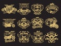 Motorbike club vintage vector patches on black. Motorcycle racing labels and emblems