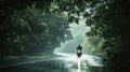 a motorbike driver navigating through the rain on a densely tree-lined road, the shimmering raindrops and lush