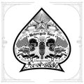 Motorbike front view between two skulls flags and torch nside ace of spades form. Vintage motorcycle design playing card or t t-sh