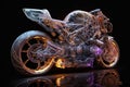 Motorbike model with transparent visible inner structure. Fictitious bike