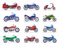 Motorbike models. Motorcycle, scooter and speed race bike, modern moto vehicles, choppers motor transport isolated