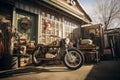 Motorbike parked in front of vintage garage. Generative AI