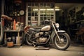 Motorbike parked in front of vintage garage. Generative AI