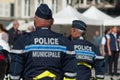 Motorbike policemen standing on the main place during the Thirtieth anniversary ceremony of the creation of the municipal police