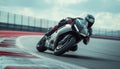 Motorbike rider in helmet and gear racing at high speed on race track with motion blur Royalty Free Stock Photo