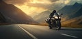 motorbike on the road riding. having fun driving the empty road on a motorcycle tour journey. copyspace for your