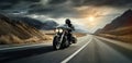 motorbike on the road riding. having fun driving the empty road on a motorcycle tour journey. copyspace for your