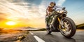 Motorbike on the road riding. having fun riding the empty highway on a motorcycle tour / journey Royalty Free Stock Photo