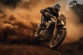 Motorbike roaring down dirt trail, kicking up dust and debris. Generative AI