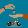 The motorbike salesman and the key to the new owner. The concept of selling and renting motorcycles.