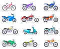 Motorbike set. Motorcycle and scooter, bike and chopper. Motocross and delivery retro and modern vehicles side view