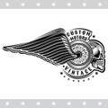 Motorbike wheel in side view with skulls and wing. Vintage motorcycle design isolated on white