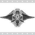 Motorbike with wheel in side view between skulls and wings. Vintage motorcycle design isoalated on white Royalty Free Stock Photo